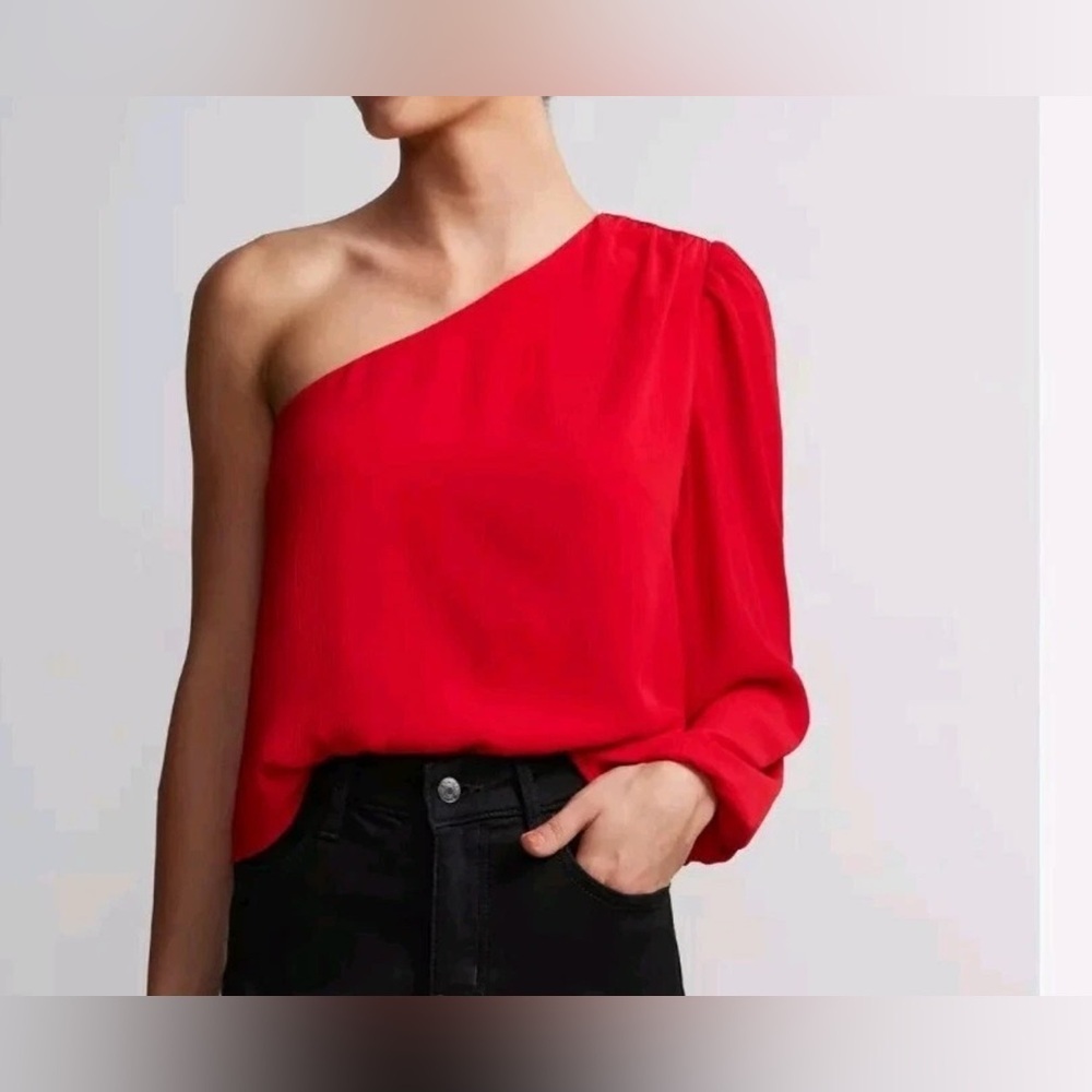 NWT New York & Company Vibrant Red One-Shoulder Blouse Size: Medium